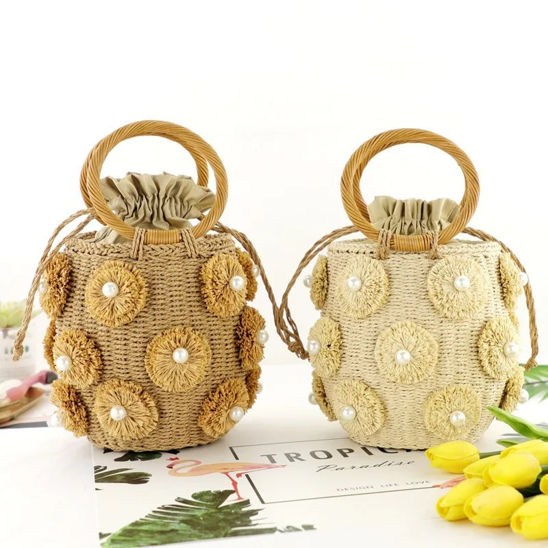 Femlion Pearl Straw Bag: Round Barrel Woven Beach Bag for Fashionable Women