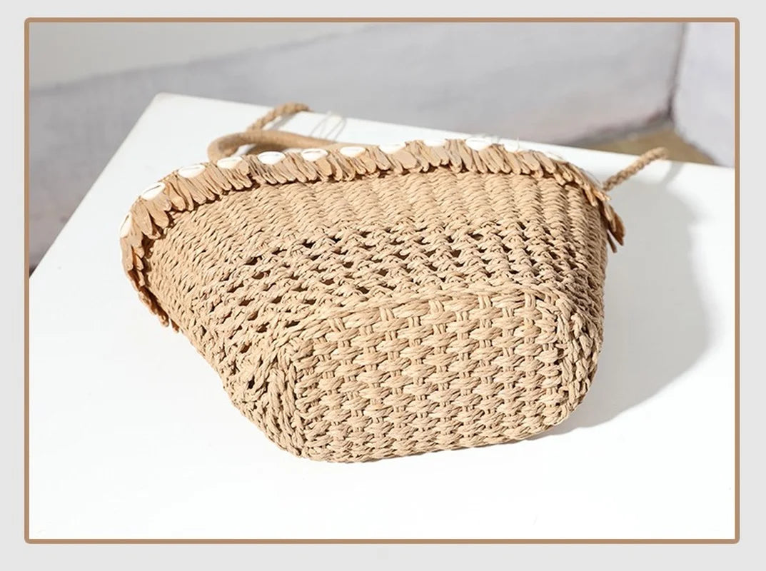 Femlion Straw Tassel Woven Bag for Women - Beach Holiday Shoulder Portable Bag