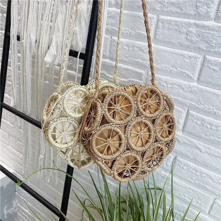 Femlion Rattan Round Straw Bag Wicker Beach Handbag Summer Crossbody Purse