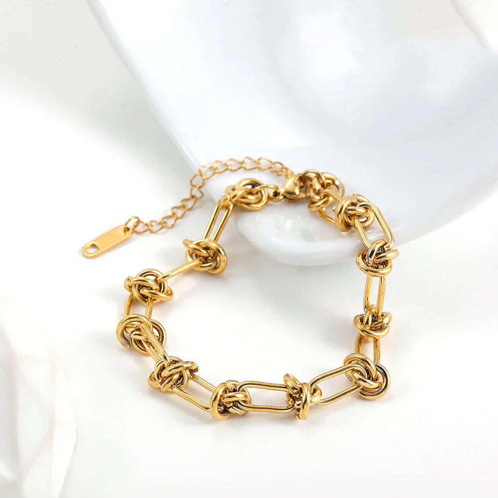 Femlion Gold Plated Knotted Chain Bracelet Stainless Steel Twisted Link Hip Hop Jewelry