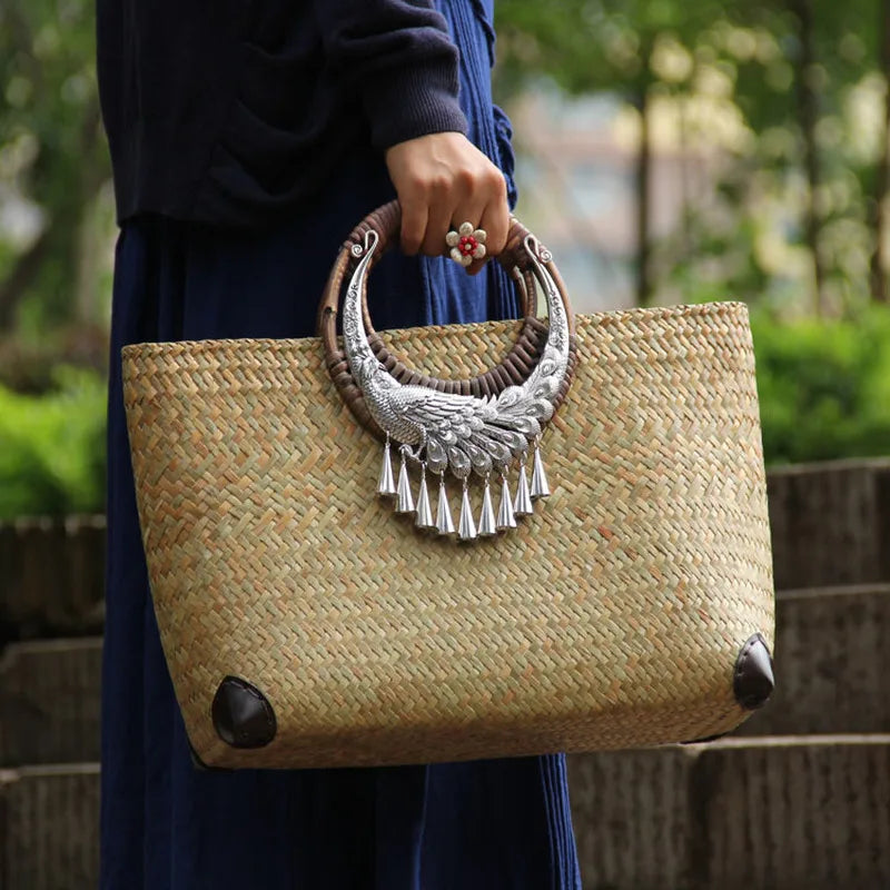 Femlion Rattan Straw Bag - Handmade Beach Handbag for Casual Vacation