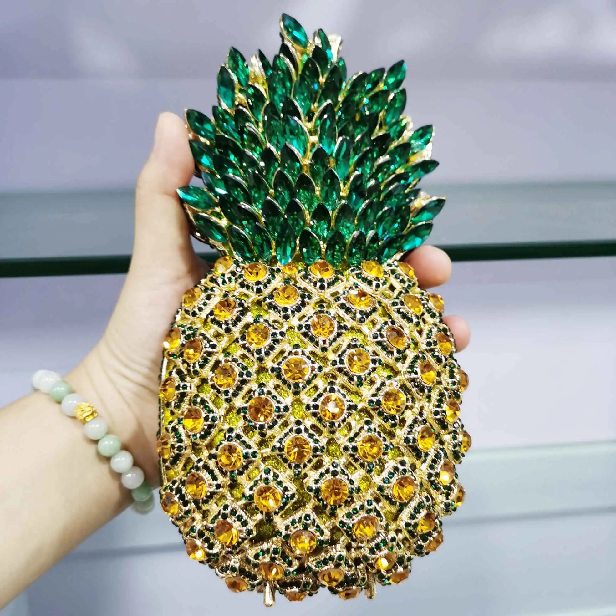 Femlion Crystal Green Pineapple Evening Clutch with Chain | Luxury Diamond Handbag SM37