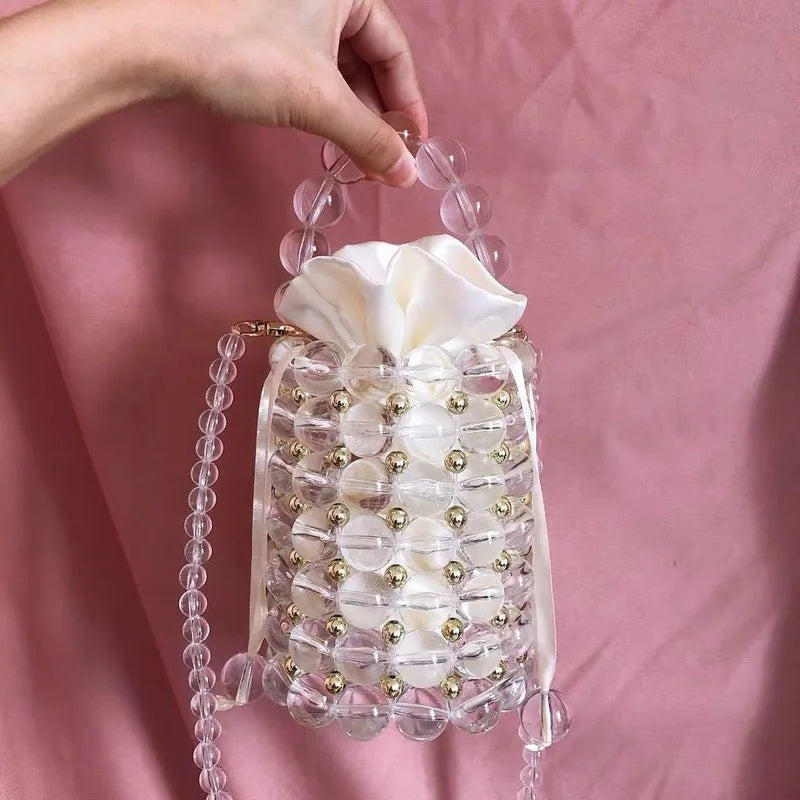 Femlion Elegant Pearl Bucket Bag: Handmade Beaded Evening Clutch for Women