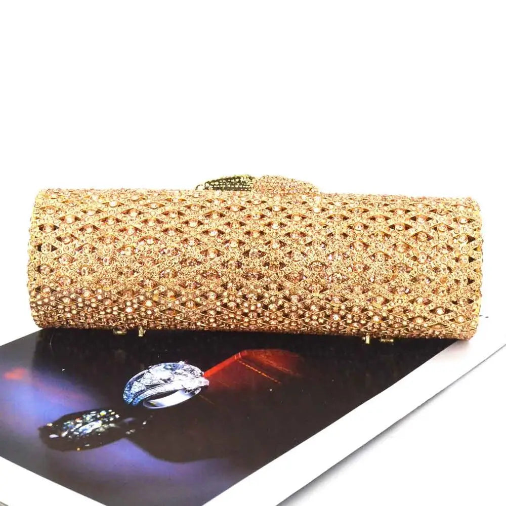 Femlion Crystal Cylinder Clutch Bag - Rose Gold and Silver Luxury Handbag