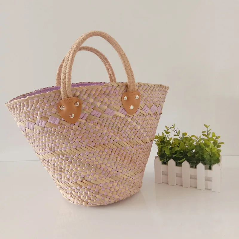 Femlion Handmade Water Grass Straw Bag Retro Basket Straw Basket Shopping Bag