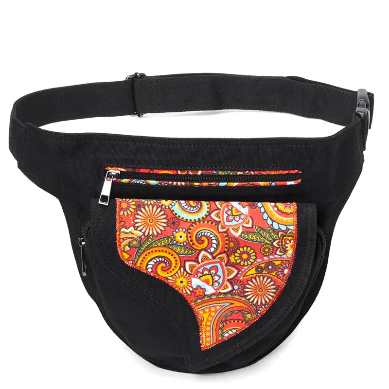 Femlion Canvas Flower Patchwork Waist Bag Adjustable Phone Pouch Hip Bum Bag