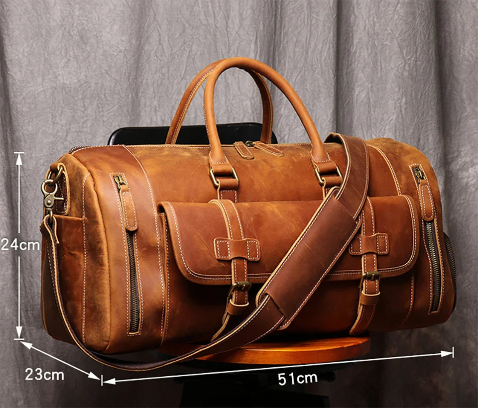 Femlion Crazy Horse Leather Duffle Bag with Shoe Pocket: 20" Weekender & Business Travel Tote