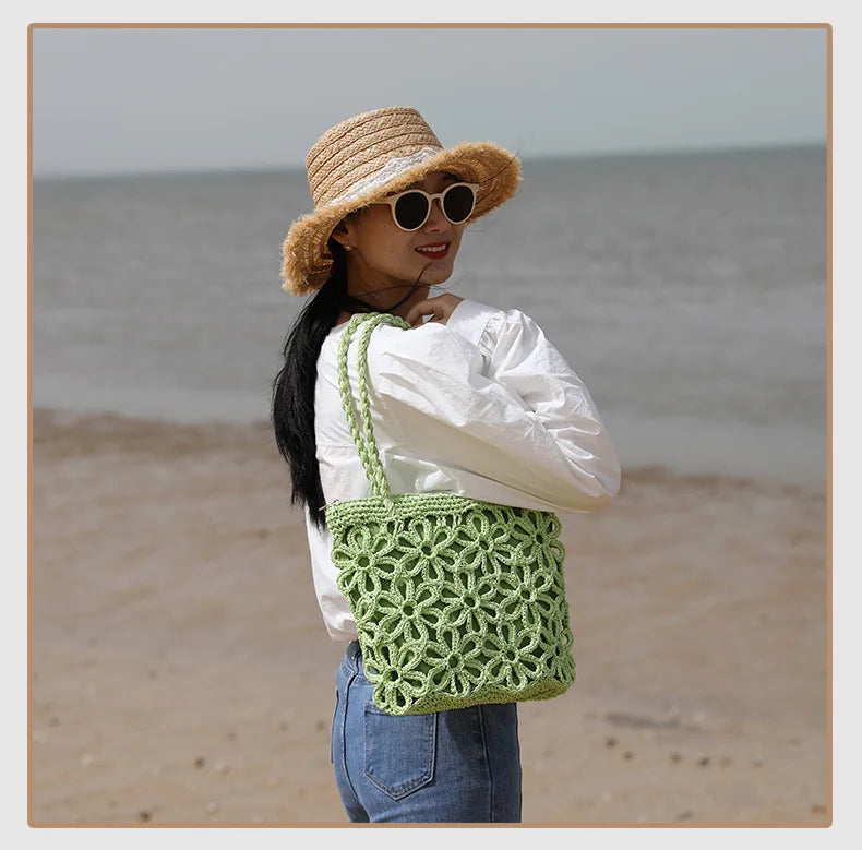 Femlion Hollow Flower Woven Straw Bag for Beach & Vacay