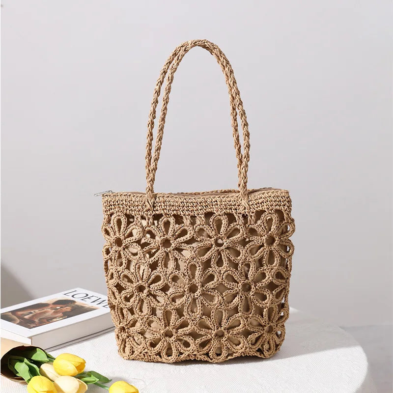 Femlion Hollow Flower Woven Straw Bag for Beach & Vacay