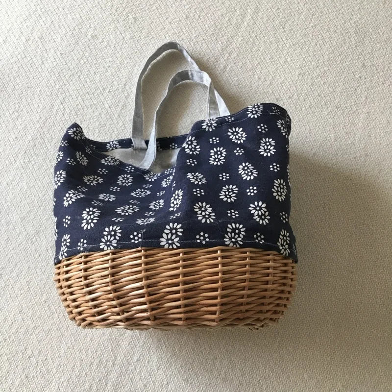 Femlion Flower Pattern Straw Weave Linen Bucket Bag