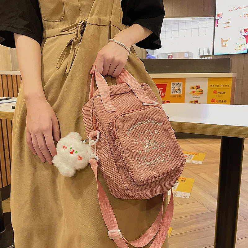 Femlion Bear Design Corduroy Crossbody Bag - Cute & Transparent Handbag for Girls