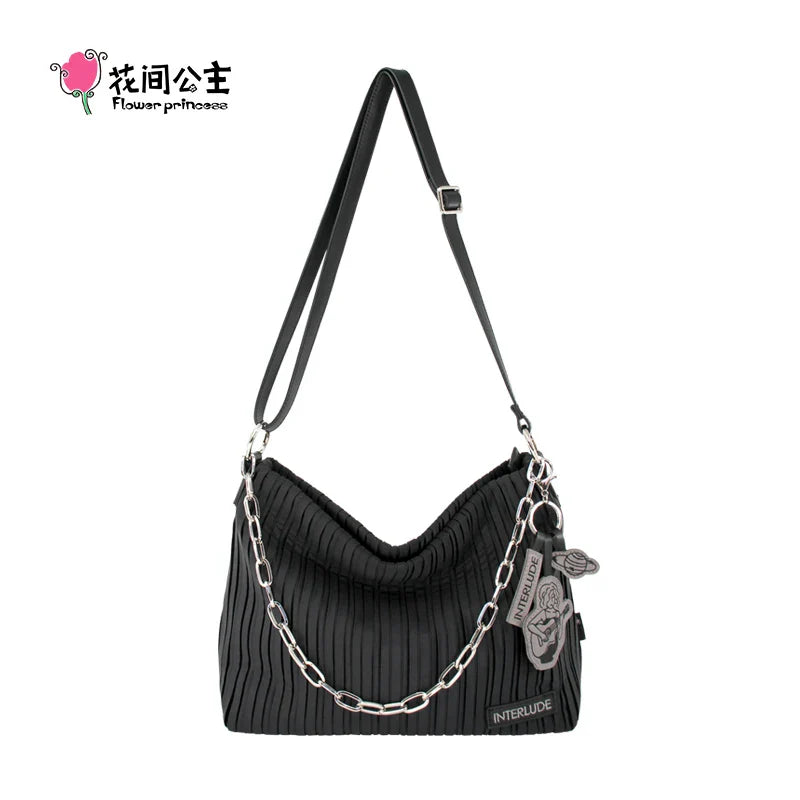 Femlion 2024 Spring Chain Pleated Shoulder Bag Black Crossbody Fashion Handbag