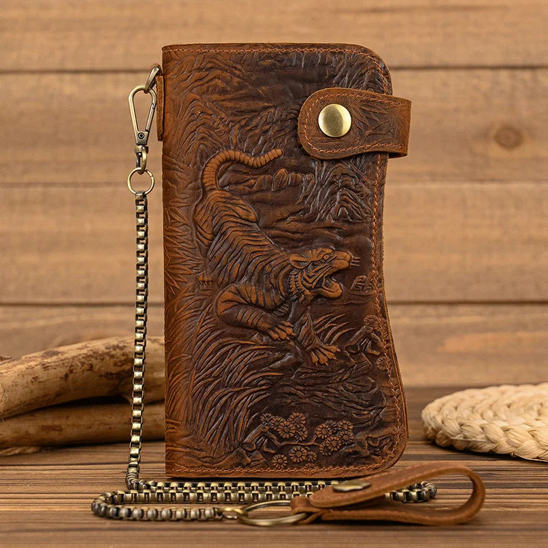 Femlion Designer Men's Leather Wallet with Tiger Dragon Embossing & Iron Chain