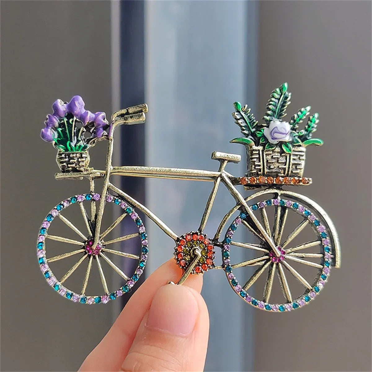 Femlion Rhinestone Bicycle Brooch for Women, Vintage Flower Basket Bike Pin