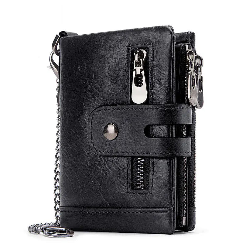 Femlion Cowhide RFID Genuine Leather Men's Wallet with Iron Chains