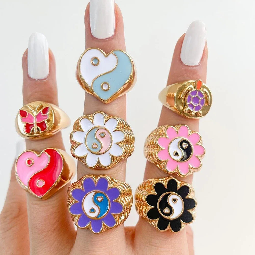 Femlion Colorful Evil Eyes Love Heart Metal Finger Rings Sunflower Enamel Jewelry