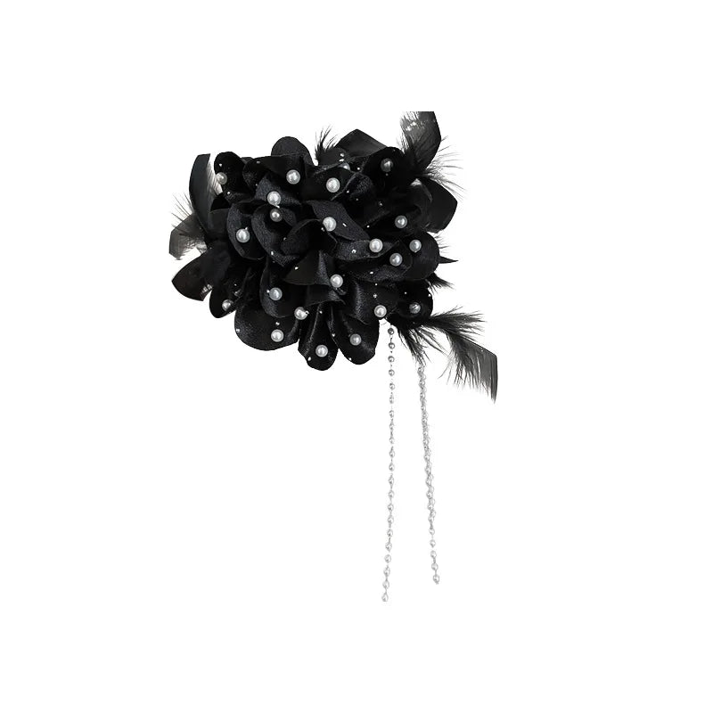 Femlion Elegant French Fashion Hair Clip Claw with Feather Fabric Flower Pearl Tassel