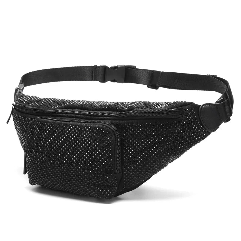 Femlion Black Rhinestone Waist Bag Large Capacity Fanny Pack Women Chest Bag