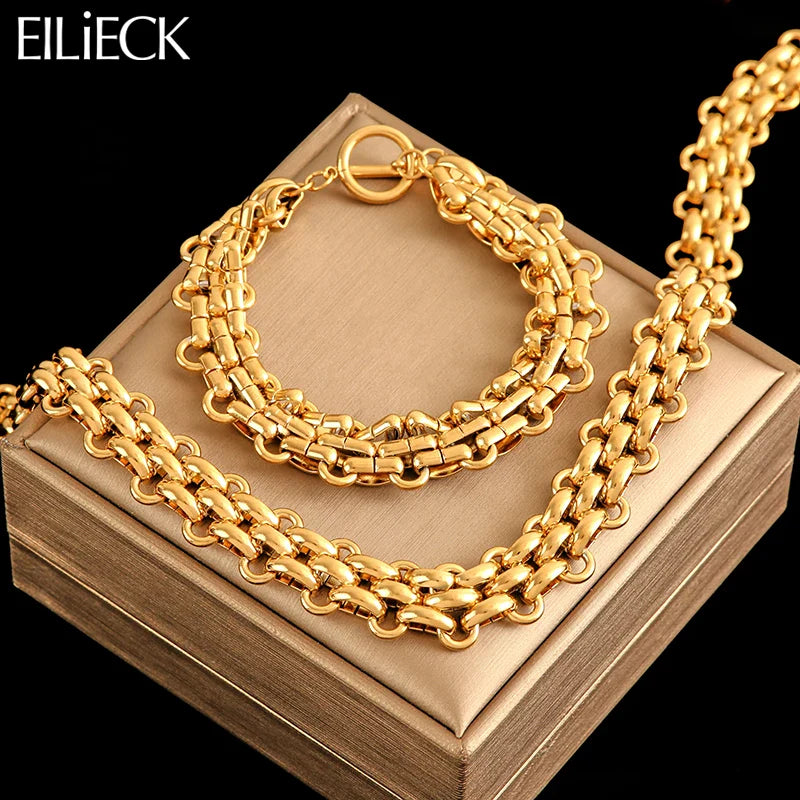 Femlion 18K Gold Plated Stainless Steel Cuban Chain Necklace Bracelet Set