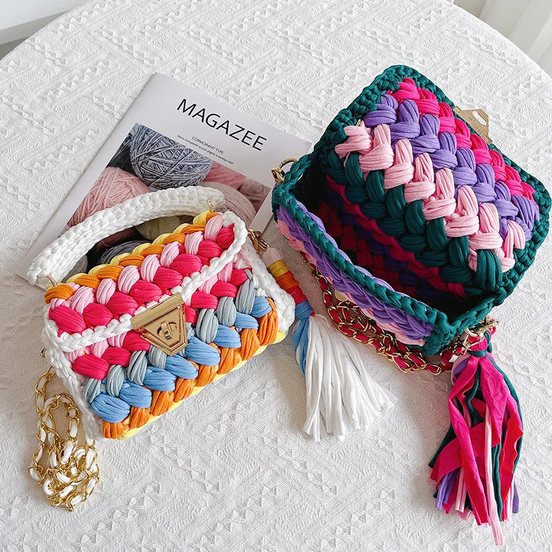 Femlion Colorful Crochet Tassel Handbags: Stylish Woven Crossbody Bags for Women