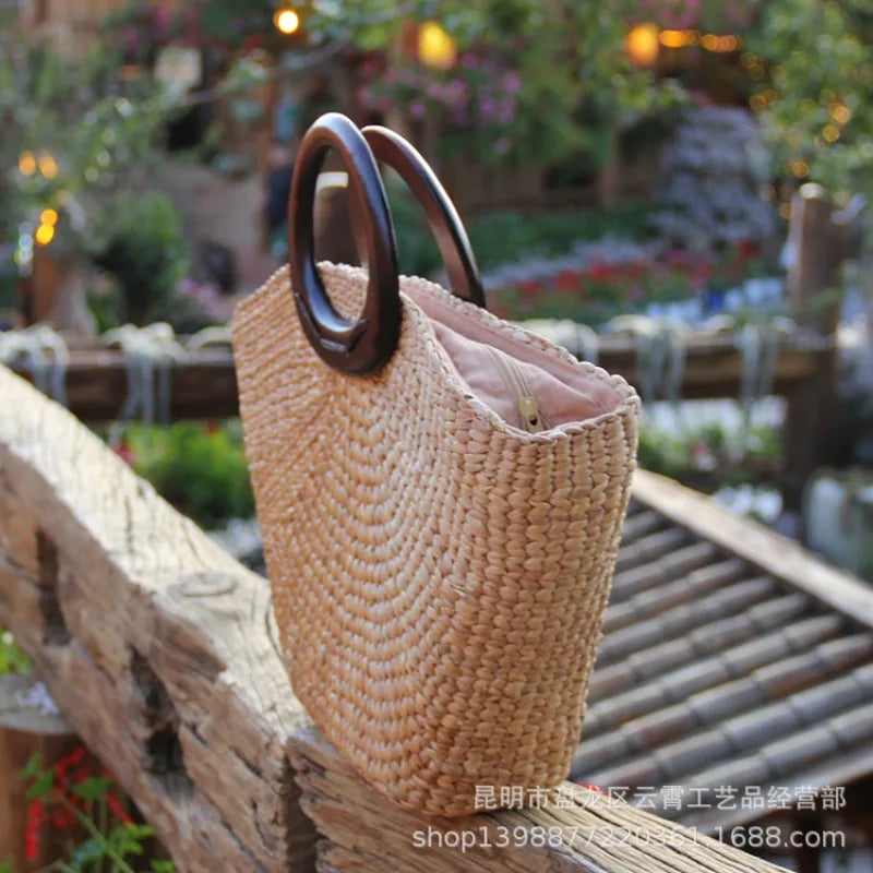 Femlion Fresh Woven Shoulder Bag with Wooden Handle