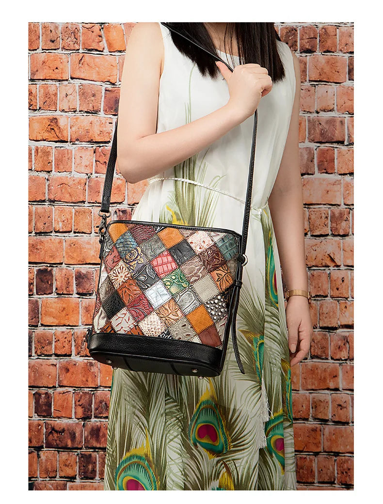 Femlion Patchwork Shoulder Bag for Women - Casual Fashion Bucket Crossbody Bag