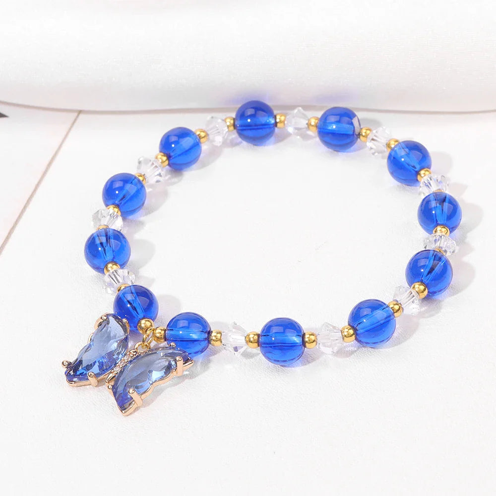 Femlion Glass Beads Charm Bracelet - Handmade Crystal Butterfly Bangle