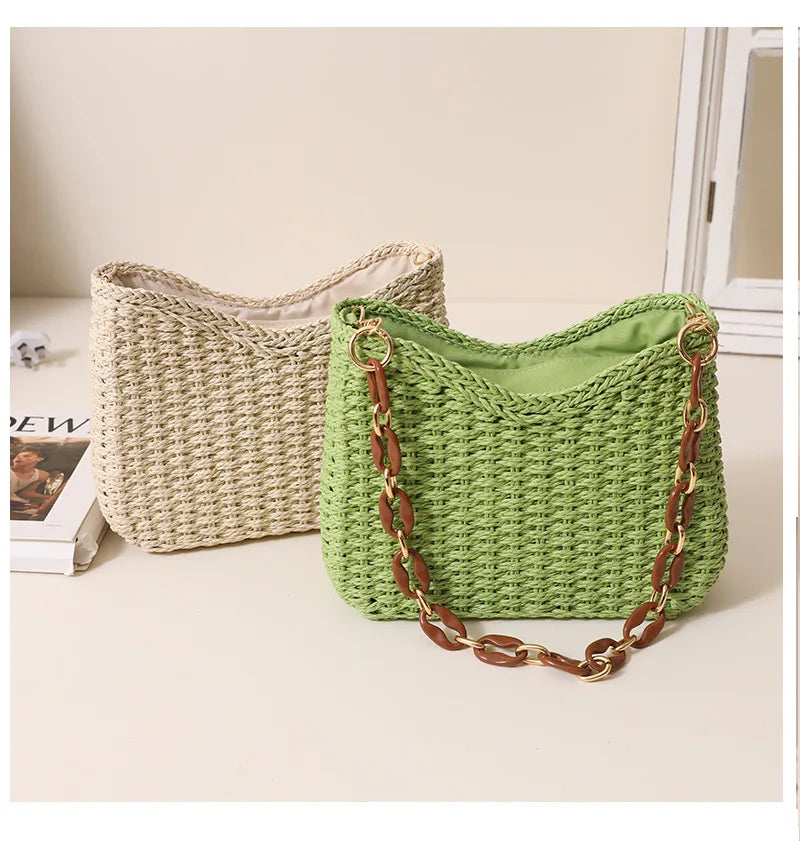 Femlion Purple Woven Crescent Bag - Beach Holiday Shoulder Straw Bag