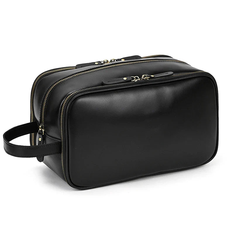 Femlion Black Leather Toiletry Travel Bag for Luxury Style Storage