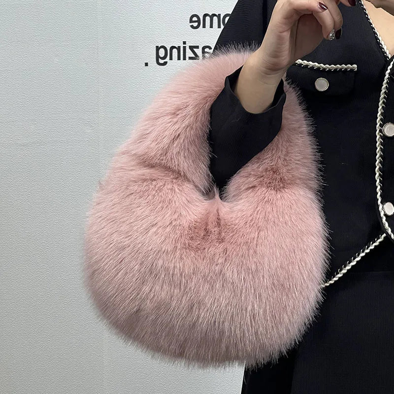 Femlion Fluffy Faux Fur Half Moon Tote: Luxury Winter Handbag for Women