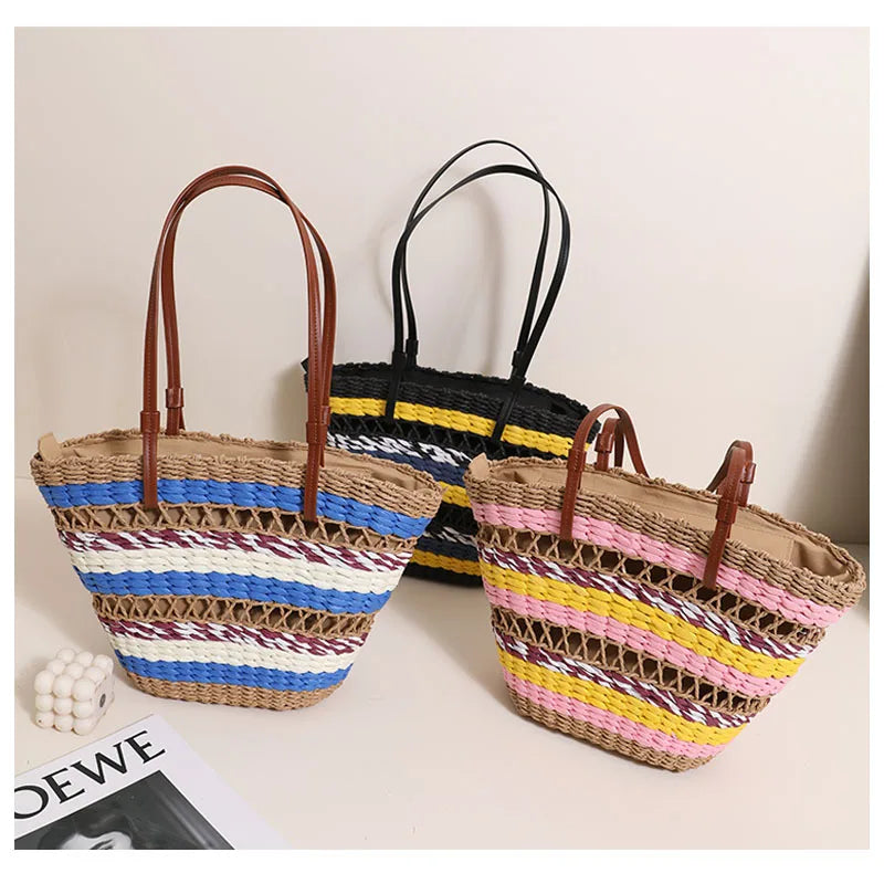 Femlion Vintage Stripe Straw Woven Beach Bag Hollow Out Shoulder Bag