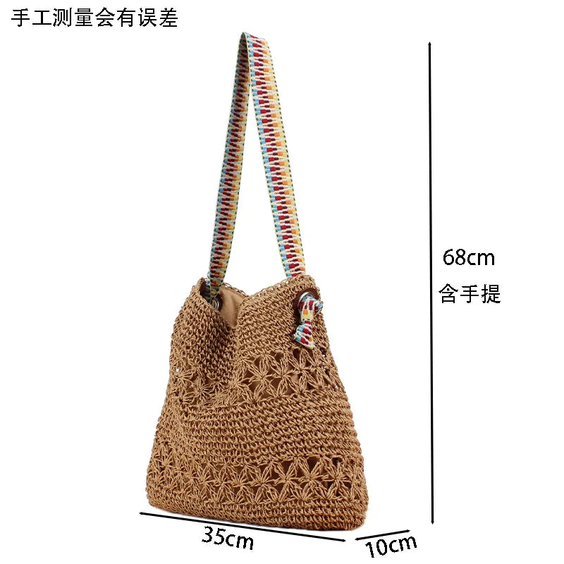 Femlion Retro Ethnic Grass Woven Bag with Colorful Shoulder Straps