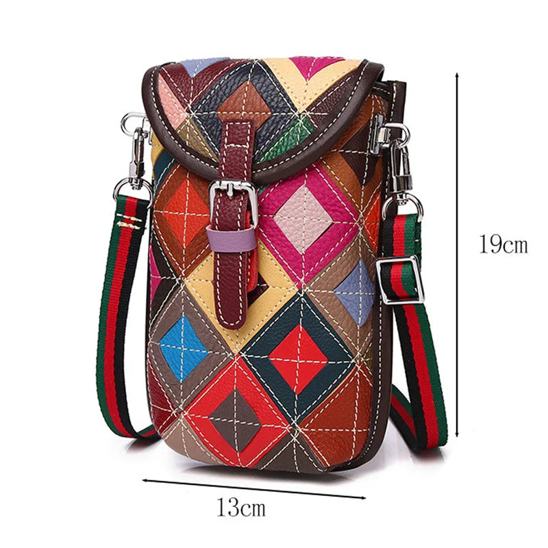 Femlion Cow Leather Patchwork Crossbody Bag Genuine Leather Women's Phone Shoulder Bag