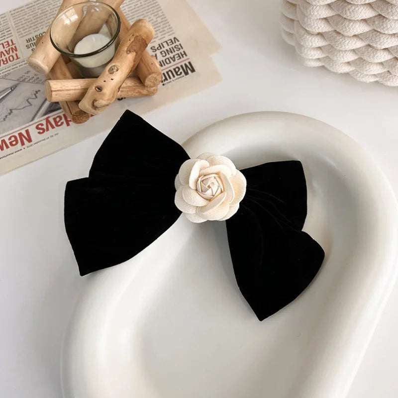 Femlion Black Velvet Hair Bows Clips with White Flower Accent