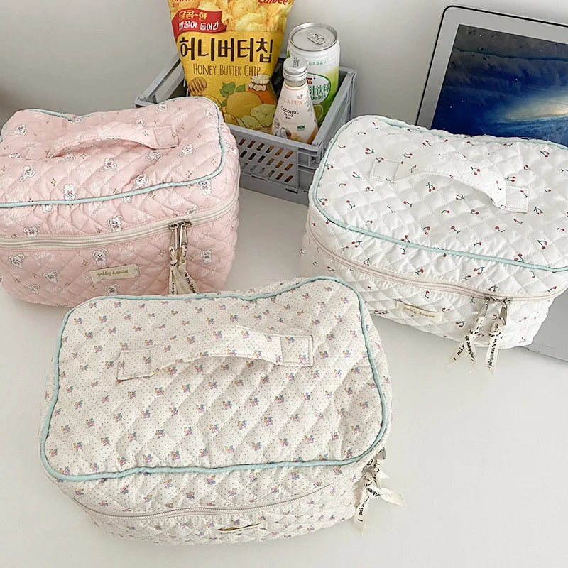 Femlion Box Shape Makeup Bag - Quilting Cotton Toiletry Case for Women