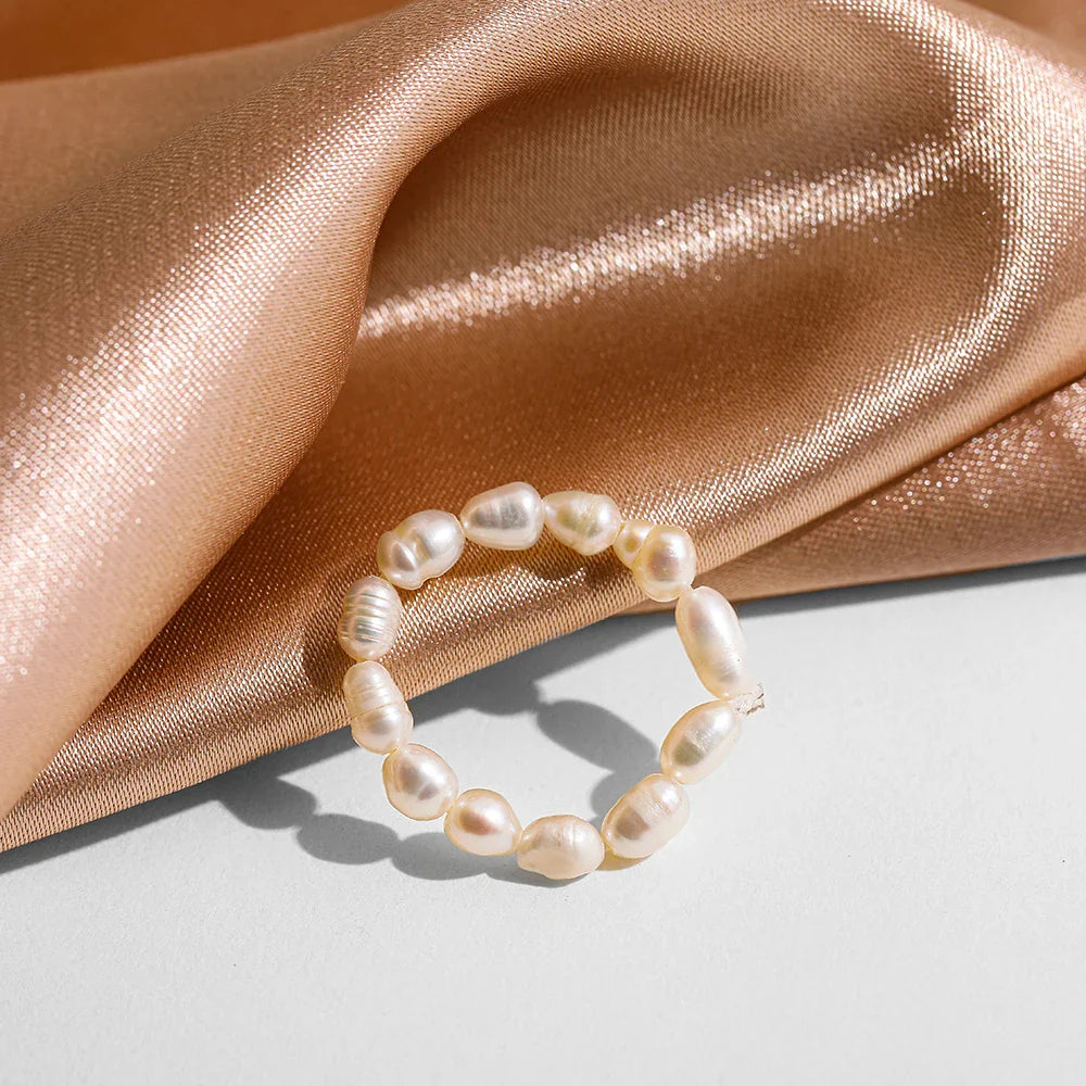 Femlion Freshwater Pearl Beaded Elastic Rings for Women Elegantly Minimalist Jewelry