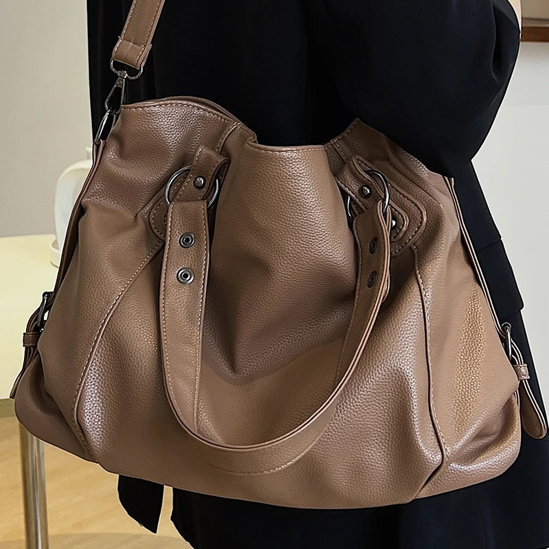 Femlion Large Khaki Leather Shopper Shoulder Bag for Women's Casual Travel