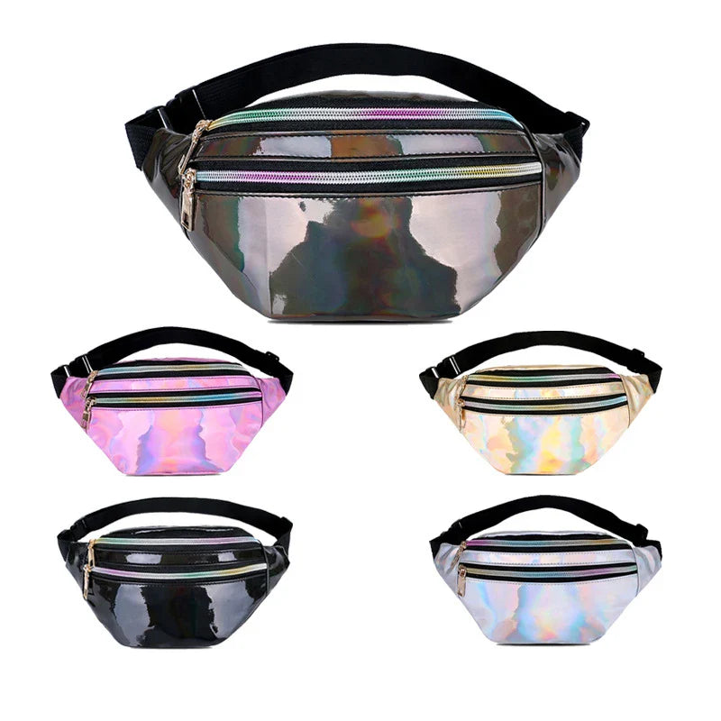 Femlion Holographic PU Leather Waist Bag Fanny Pack for Women and Men