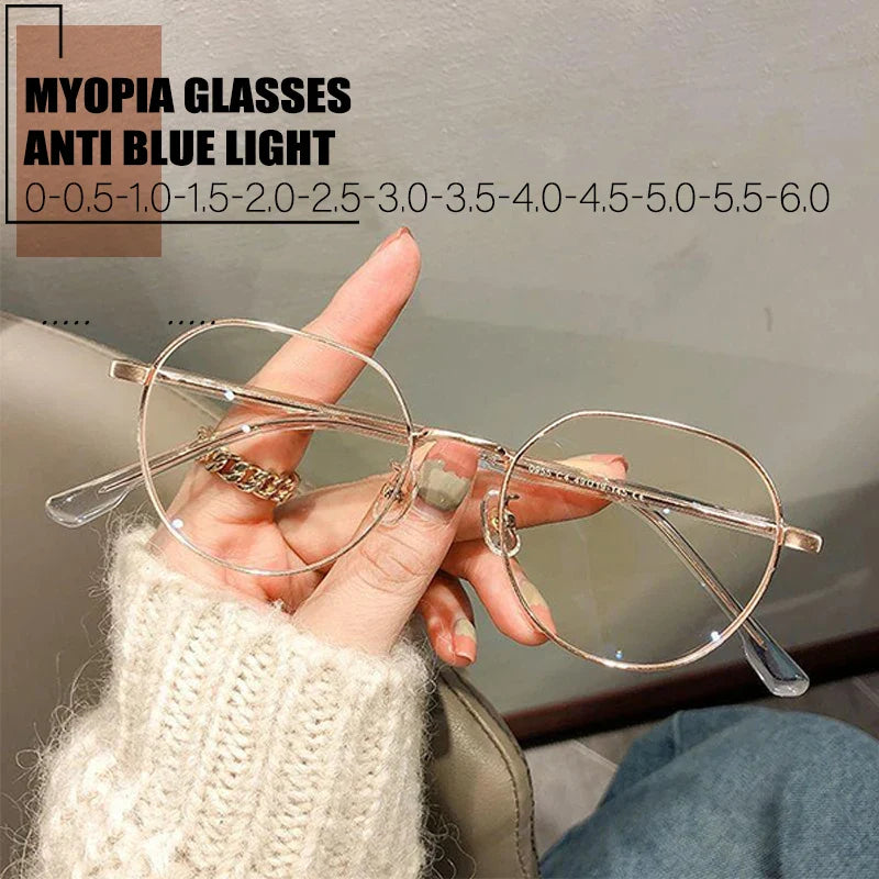 Femlion Polygonal Metal Frame Blue Light Blocking Myopia Glasses Grade -0.5To -6.0