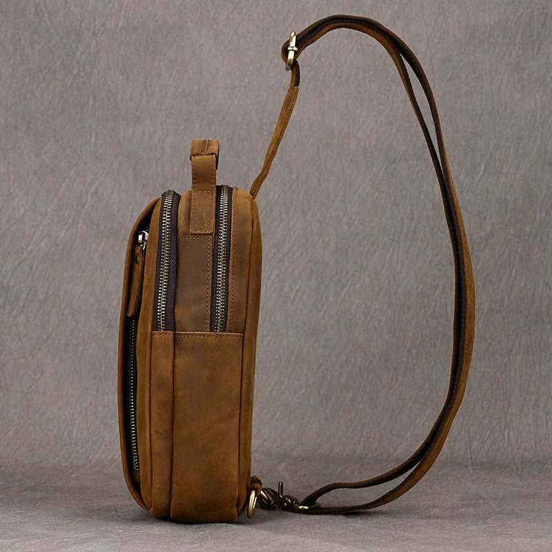 Femlion Retro Leather Chest Bag - Men's Vertical Body Bag in Crazy Horse Cowhide