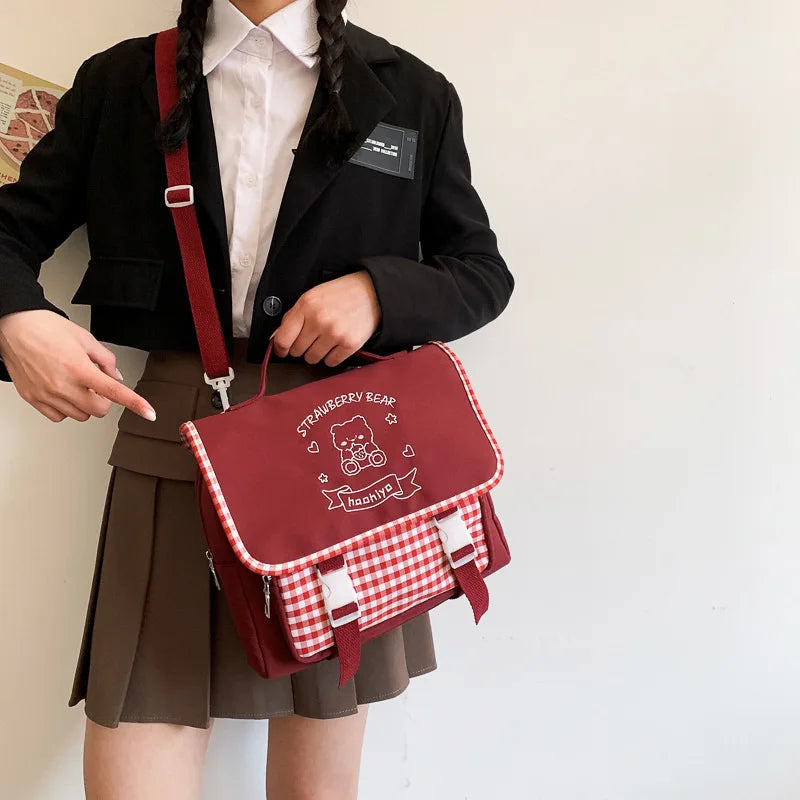 Femlion Plaid Embroidery Bear School Uniform Crossbody Bag