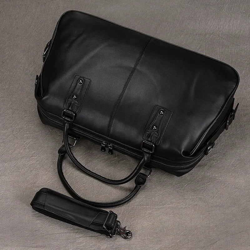 Femlion Black Leather Travel Duffle Bag 50cm