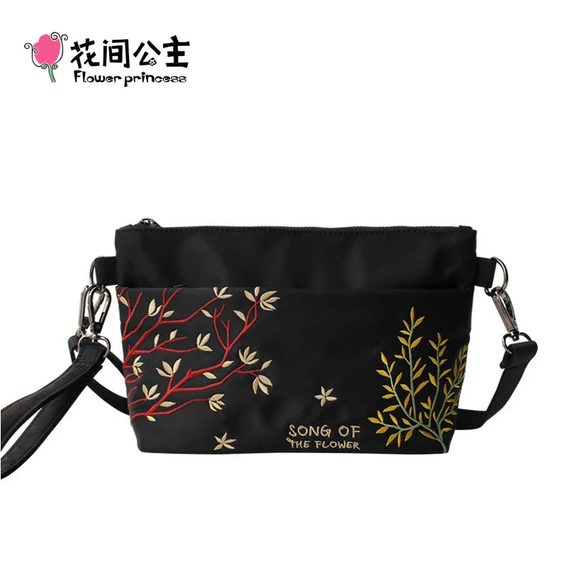 Femlion Black Nylon Cloth Flower Princess Crossbody Messenger Clutch Shoulder Bag