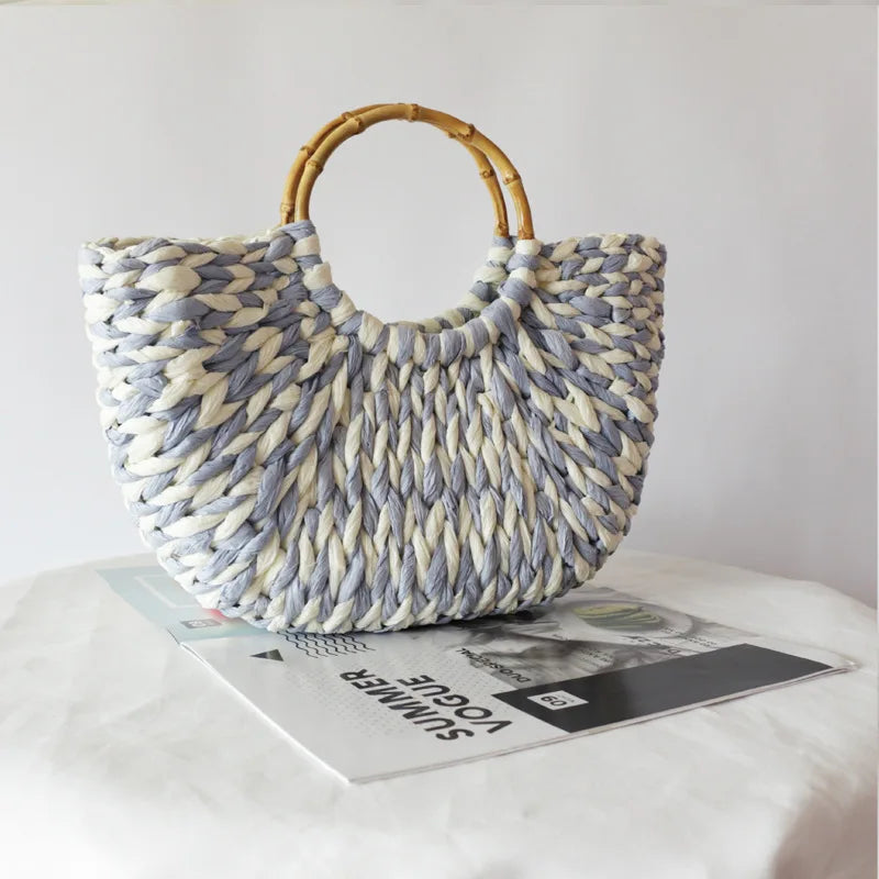 Femlion Bamboo Handle Blue White Woven Beach Bag Handheld Shoulder Women's Bag