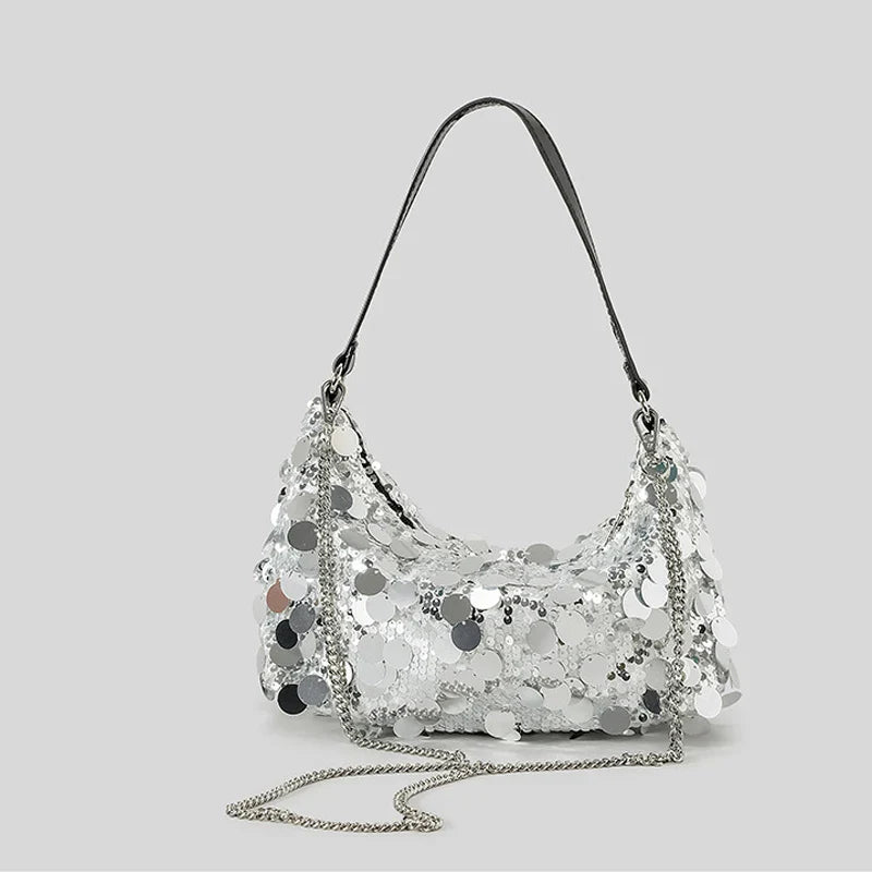 Femlion Sequins Half Moon Shoulder Bag Silver Crossbody Luxury Handbag