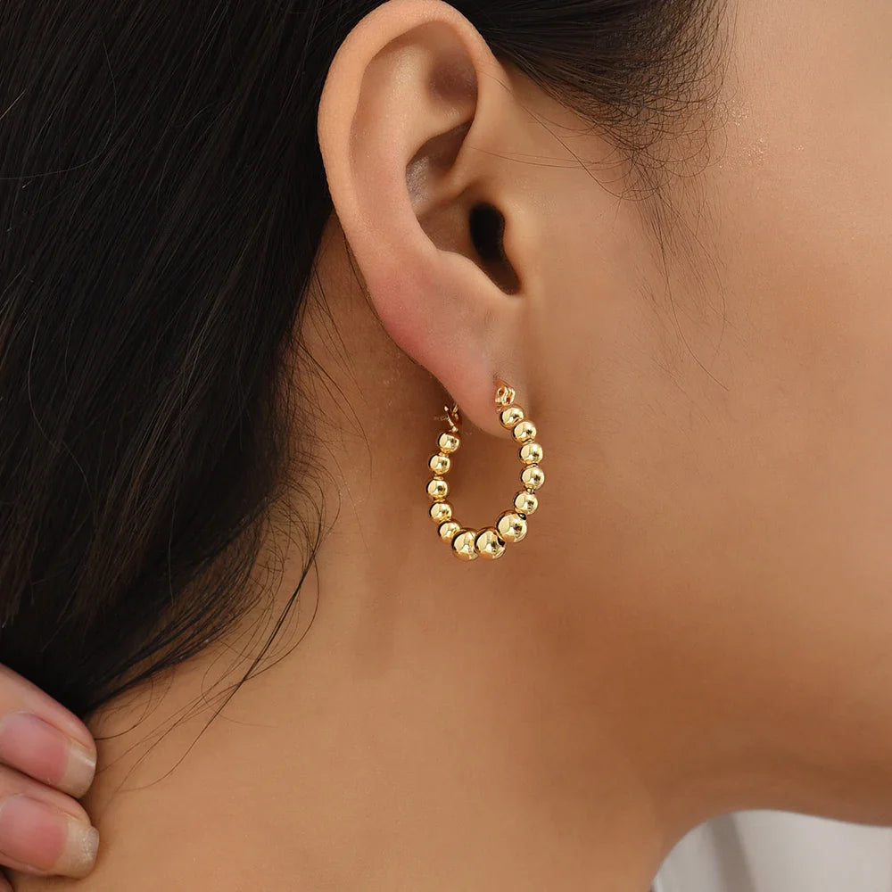 Femlion Gold Plated Copper Round Bead Hoop Earrings