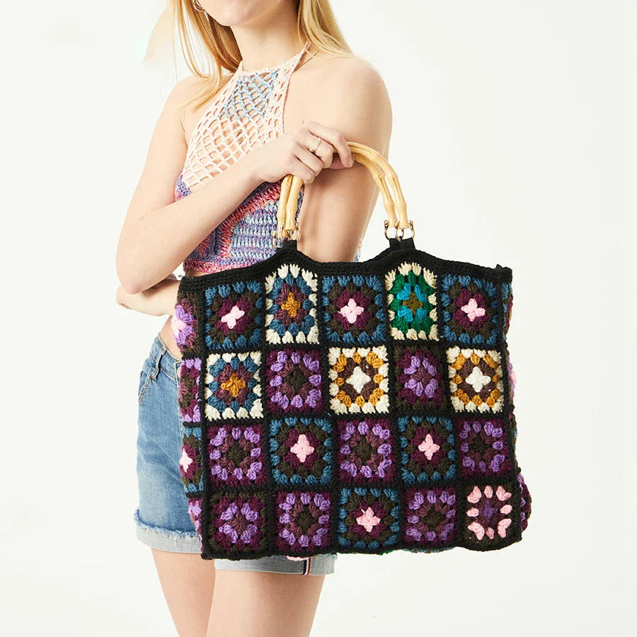 Femlion Vintage Crochet Granny Square Tote with Bamboo Handles