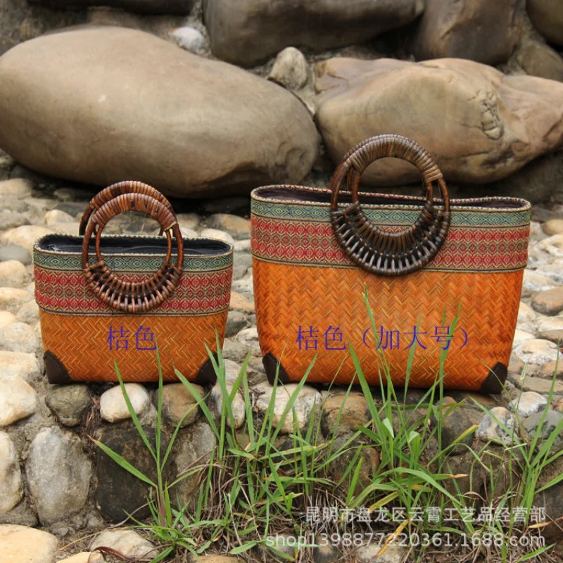 Femlion Bamboo Beach Handbag: Chinese Vintage Woven Tote & Tea Set Storage Bag