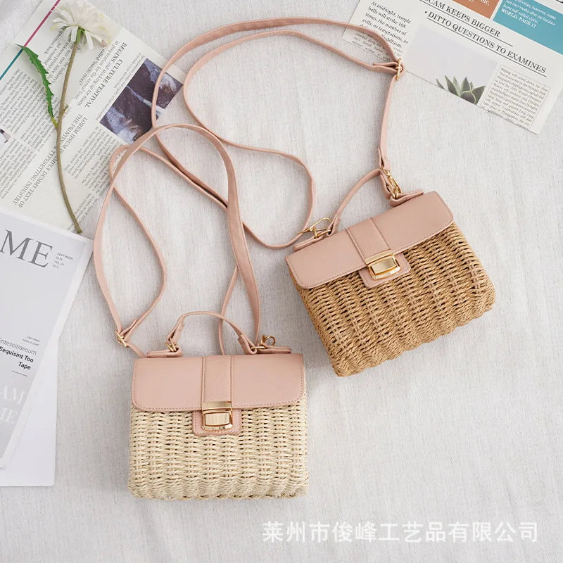 Femlion Bamboo Woven Straw Bag Cover Chain Square Beach Fashion Bag