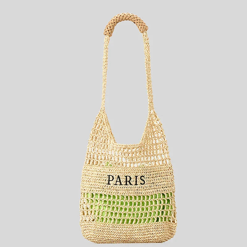 Femlion Straw Shoulder Bag Handmade Crossbody Tote Casual Hollow Letters Woven Purse